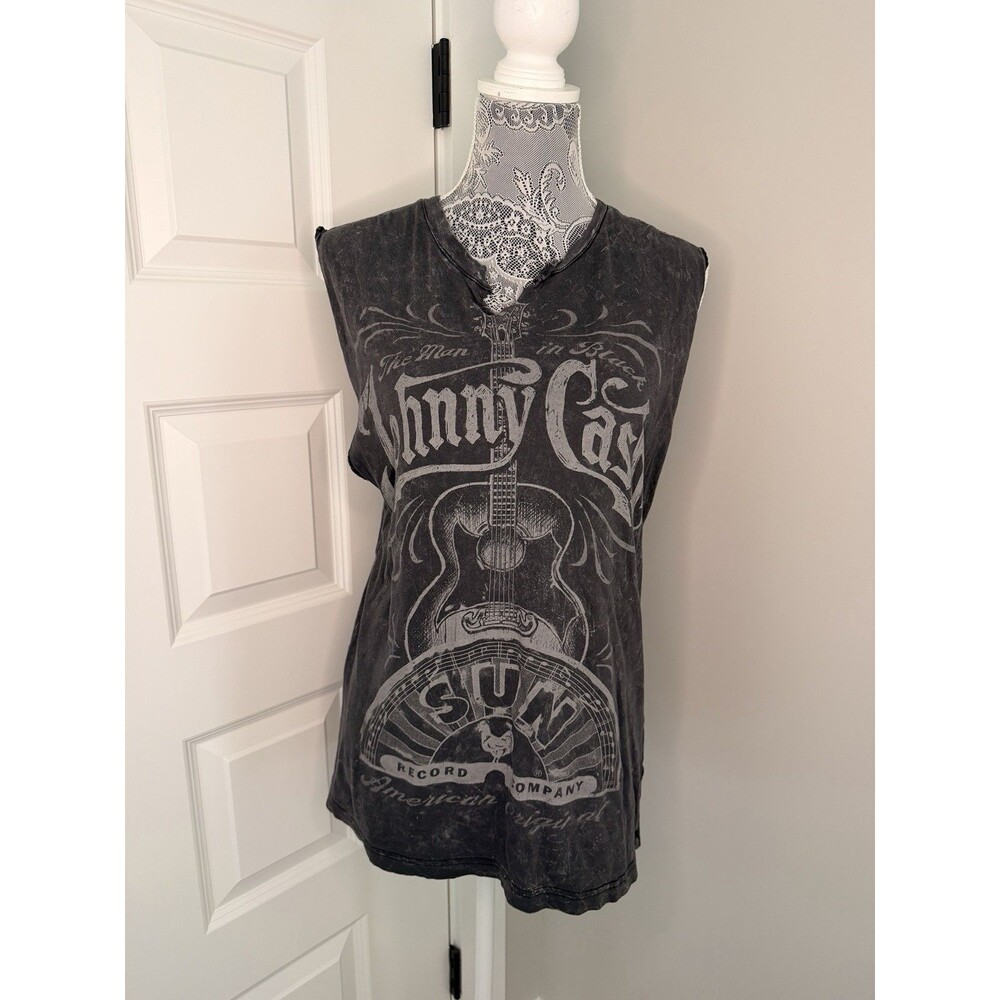 Johnny Cash Sun Record Company Sleeveless Tank Top Mens M Black Gray Distressed